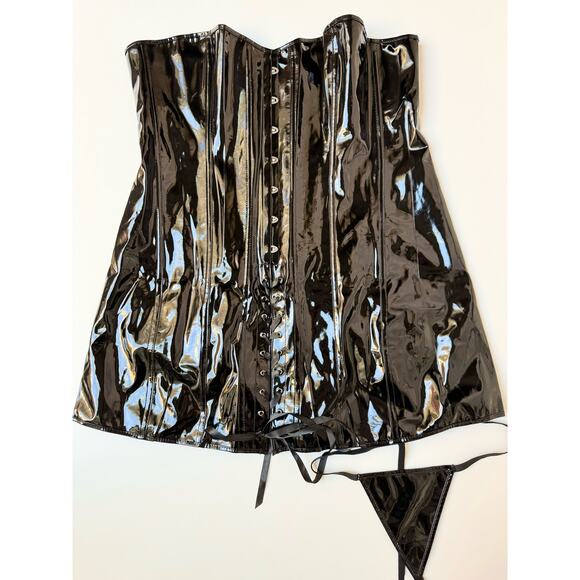 Alivila.Y Black Faux Leather Mini Bodycon Corset Dress and Thong Women's 6XL - Picture 4 of 12